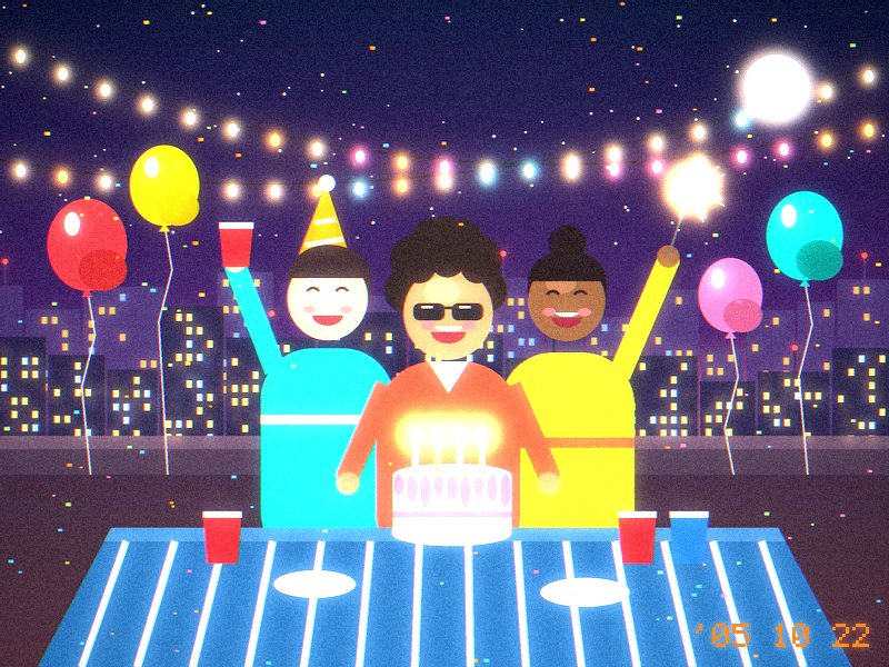 A stylised rooftop party at night shot with the CCD-05 camera: hard flash, glowing string lights and an orange ’05 10 22 date stamp.